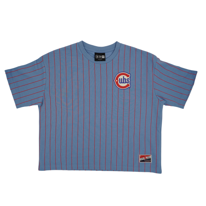 Chicago Cubs Blues Alternate Pinstripe Women's Cropped Baby Blue T-Shirt by New Era Short Sleeve Tees NEW ERA CAP COMPANY INC